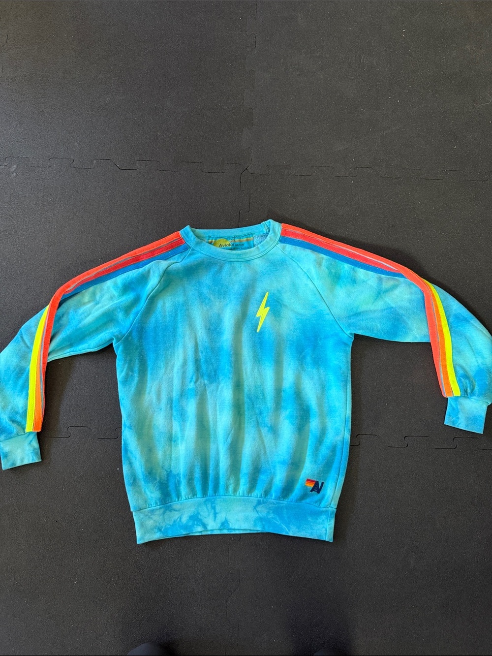 Aviator Nation Women’s XS Blue Tie-Dye Lightning Sweatshirt with Rainbow Stripes